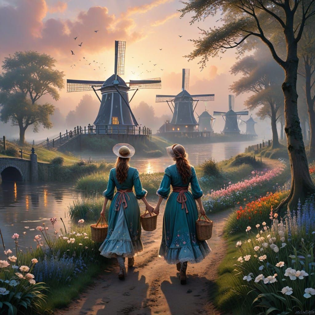 Ethereal Windmills of Amsterdam in Whimsical Fantasy Style
