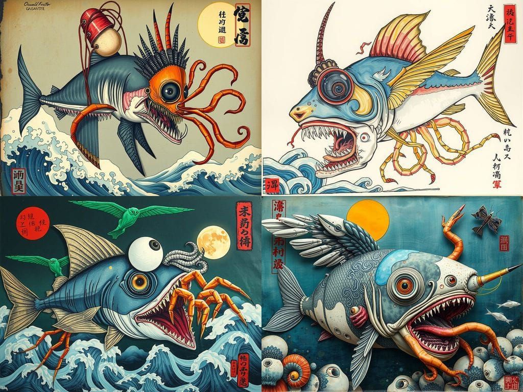 Mutant Sea Creatures in Japanese Squalor, Guayasamín Style
