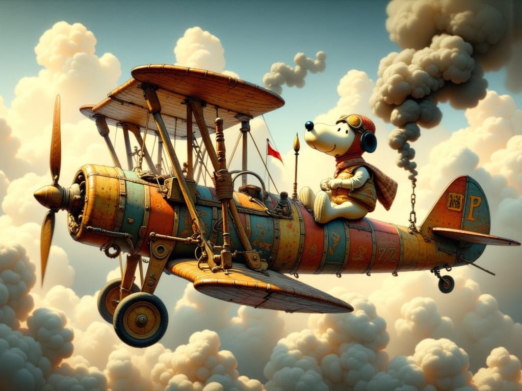 Snoopy as a WWI pilot flying through the clouds in his Curtiss Jenny! .