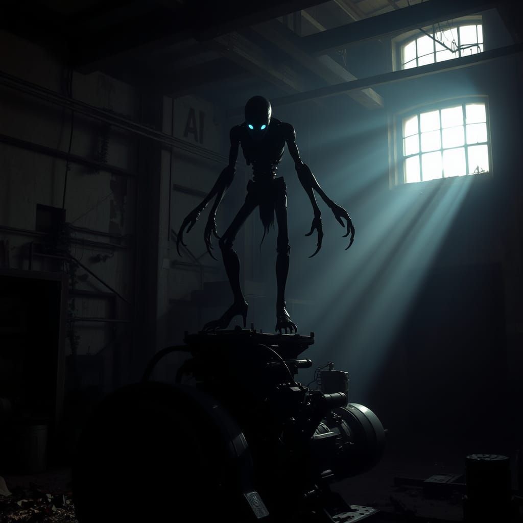 Abandoned Factory Shadows in Dark, Foreboding Atmosphere