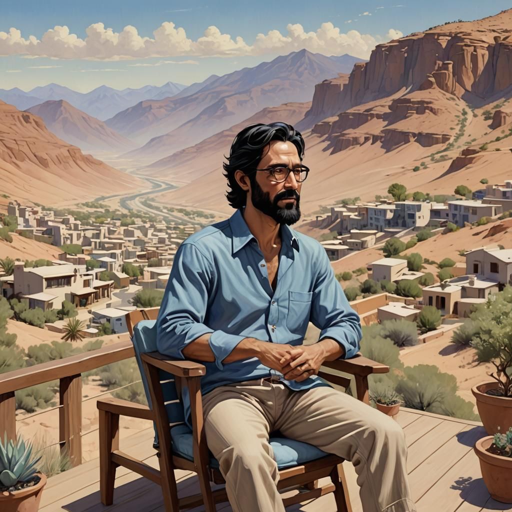 Man on Terrace in Desert Valley, Bande Dessinés Style