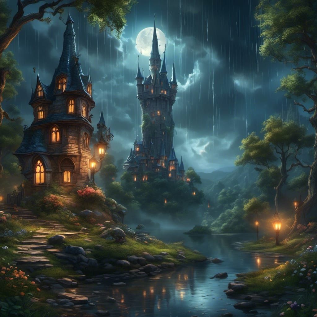 Magical Rain Over Fairytale Tower