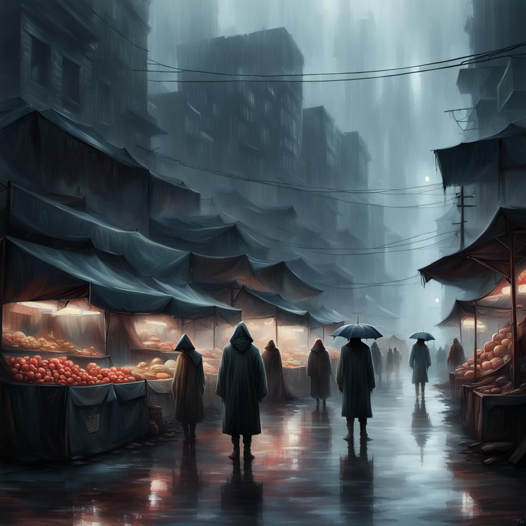 Sinister Futuristic Street Market in the Rain