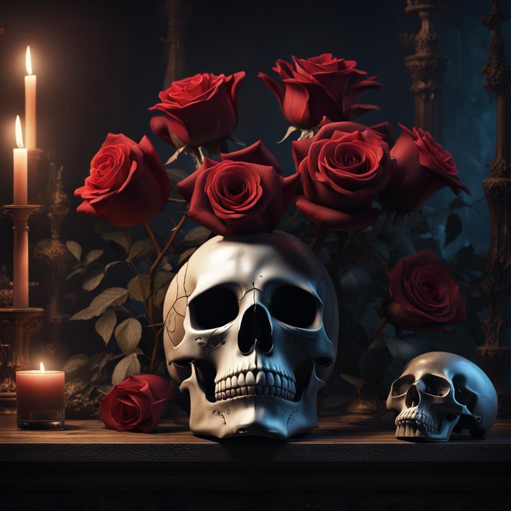 Night Still Life: Roses and Skull, Detailed Matte Painting