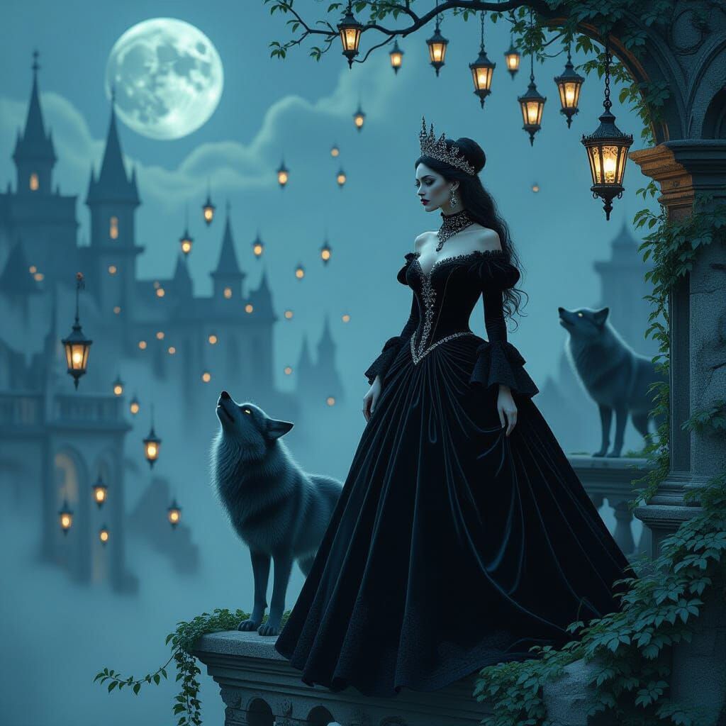 Gothic Queen of Ghost Lanterns in Ethereal Moonlight