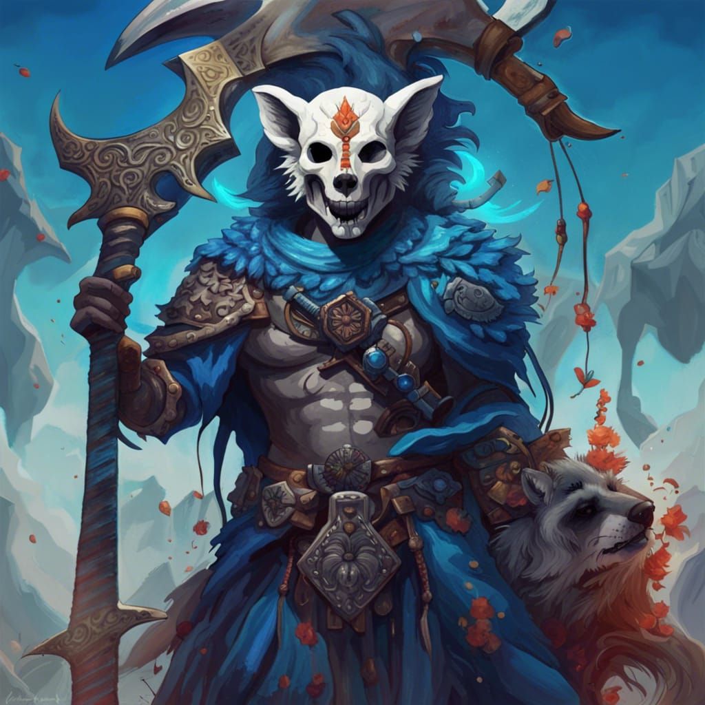 Skeleton Gladiator with Wolf Head and Blue Axe