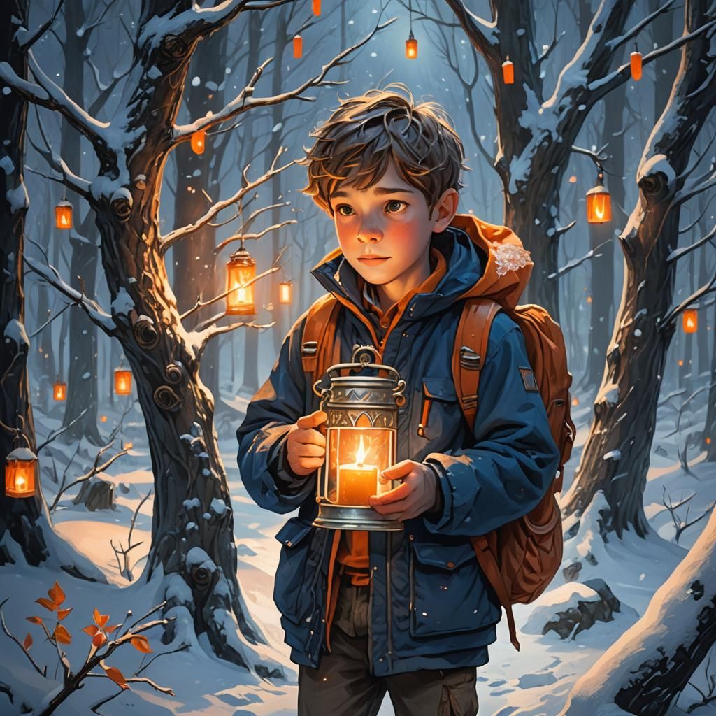 Boy with Candle in Snowy Forest, Fantasy Art