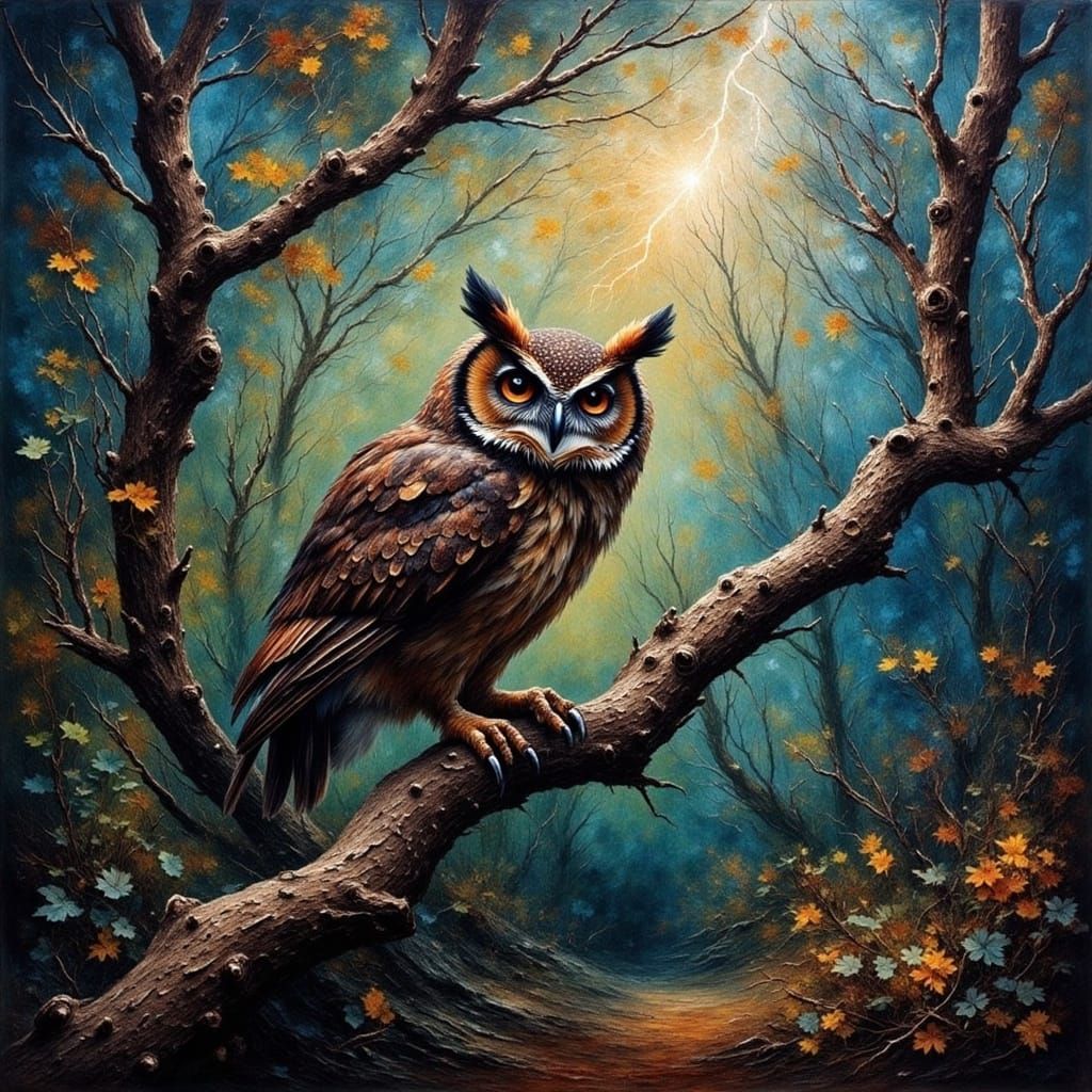 Owl in Stormy Forest: Neo-Expressionist Oil Painting