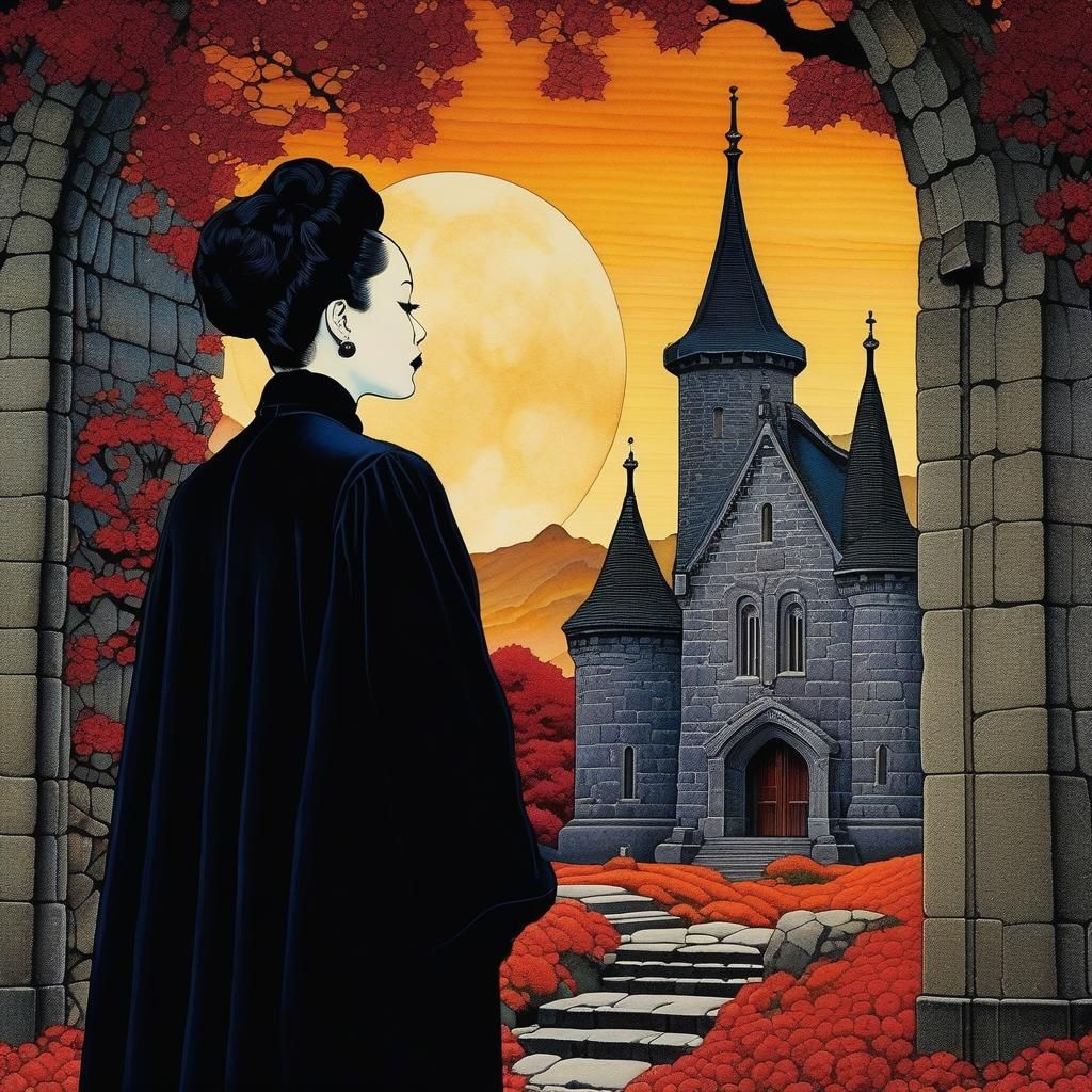 Gothic Sommelier in Graveyard, Alcohol Ink Style