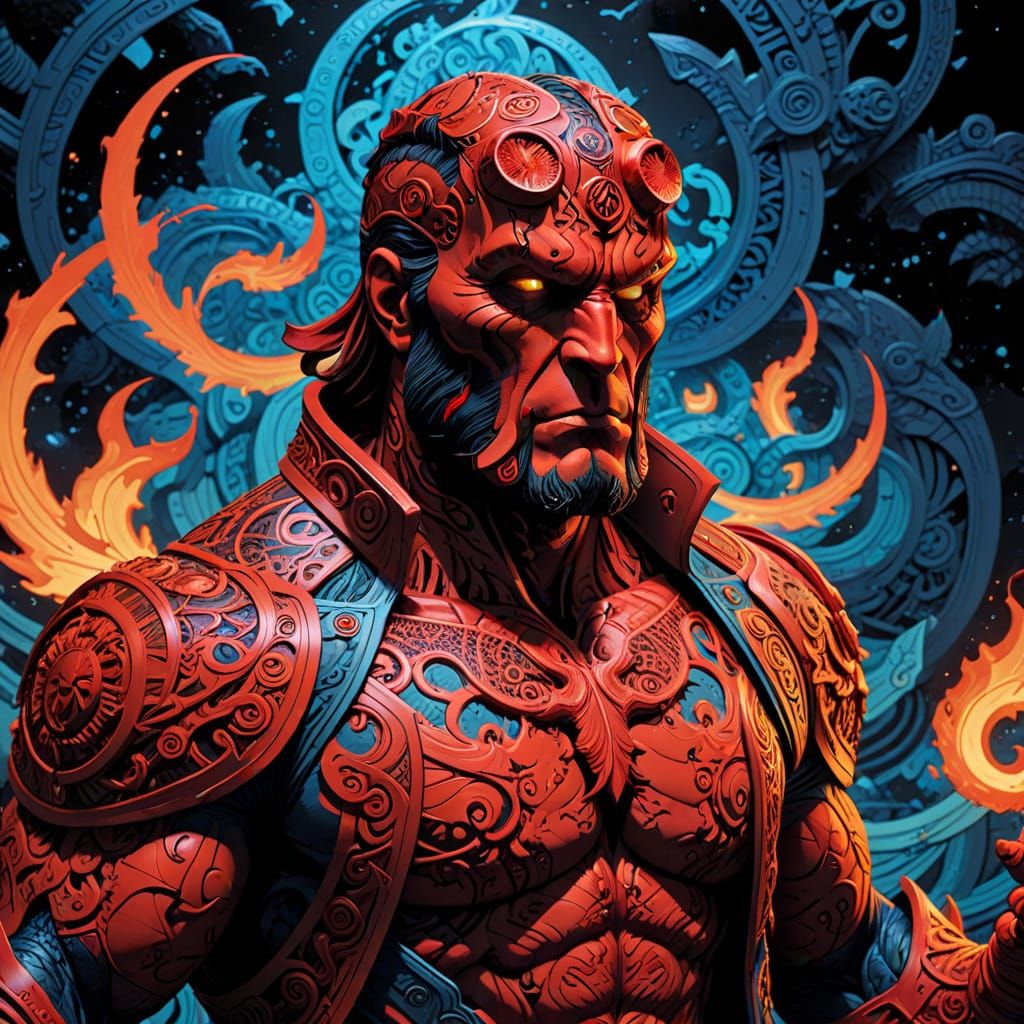 Hellboy Comic Art with Zentangle Borders in 3D