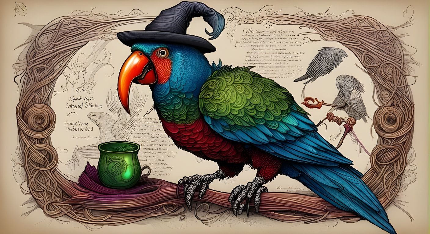 Parrot as Witch Familiar in Celtic Knotwork Style
