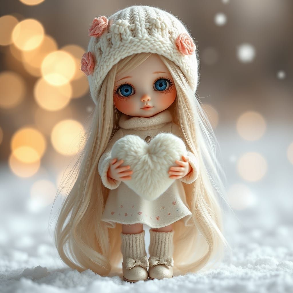 Delicate Doll in Winter Fairytale Scene with Plush Heart