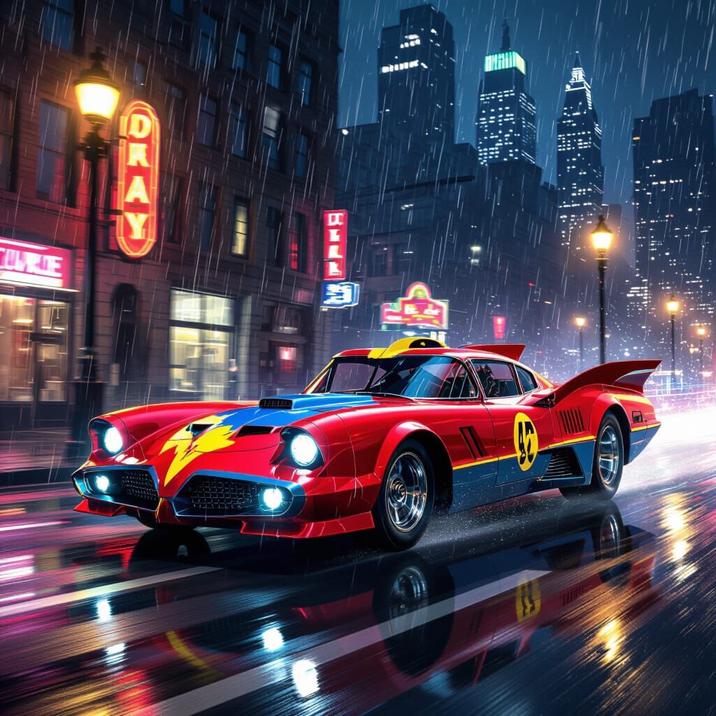 Batmobile in Flash Colors Speeds Through Gotham at Night