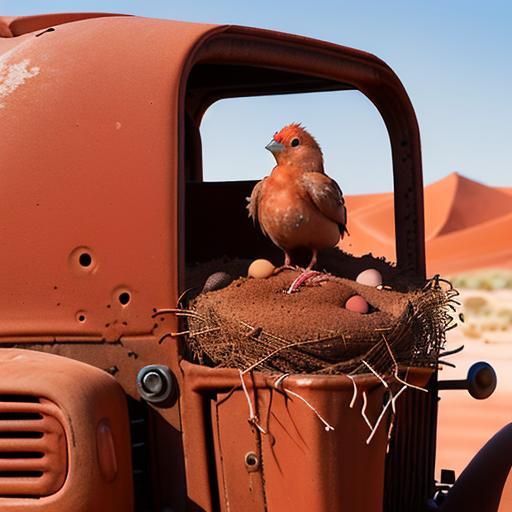 Desert Scene: Rusty Tractor, Bird Nest, Red Sand
