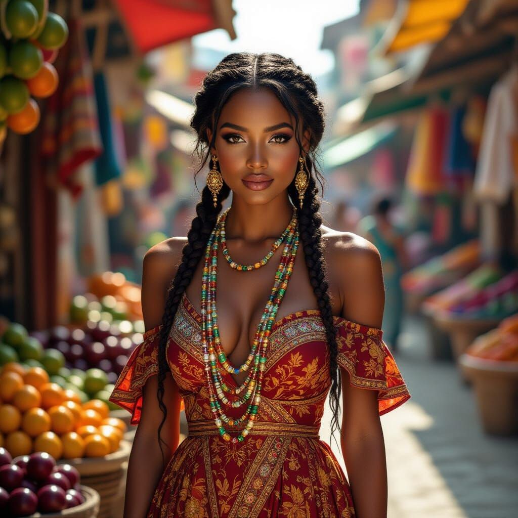 Renaissance-Inspired Portrait of Woman in Marketplace