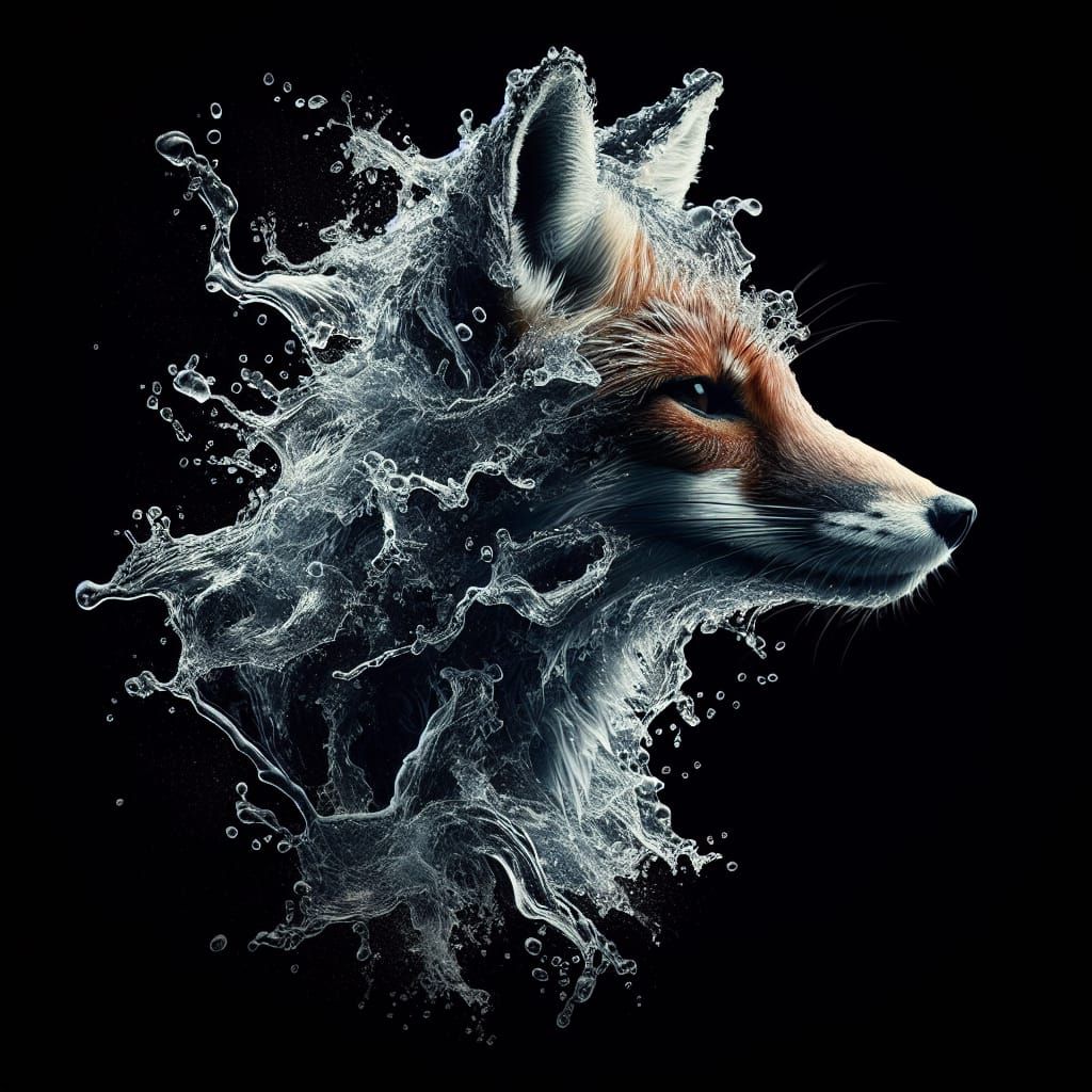 Water Fox Double Exposure in Hyperrealistic Style