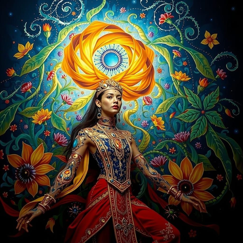 Psychedelic Floral Garden with Cosmic Mystery