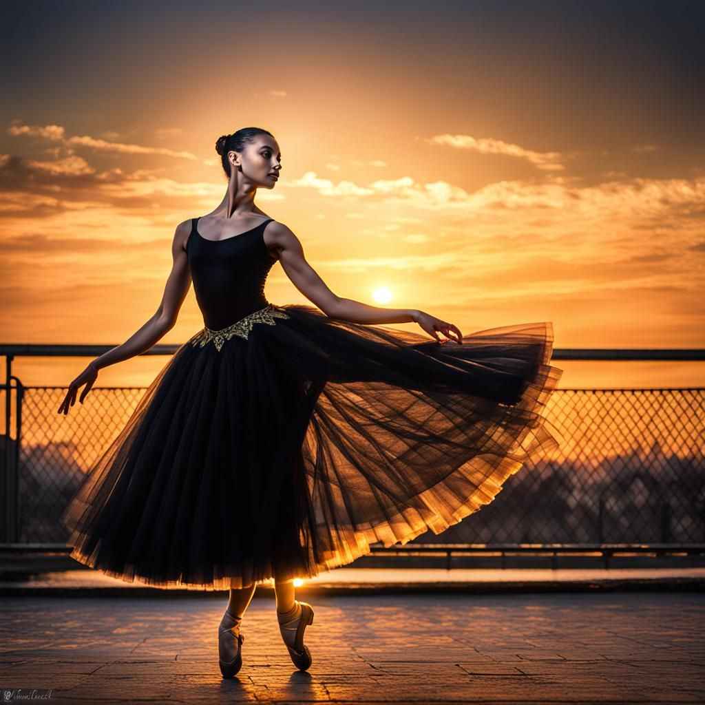 Ballerina in Black Tulle with Golden Sunset