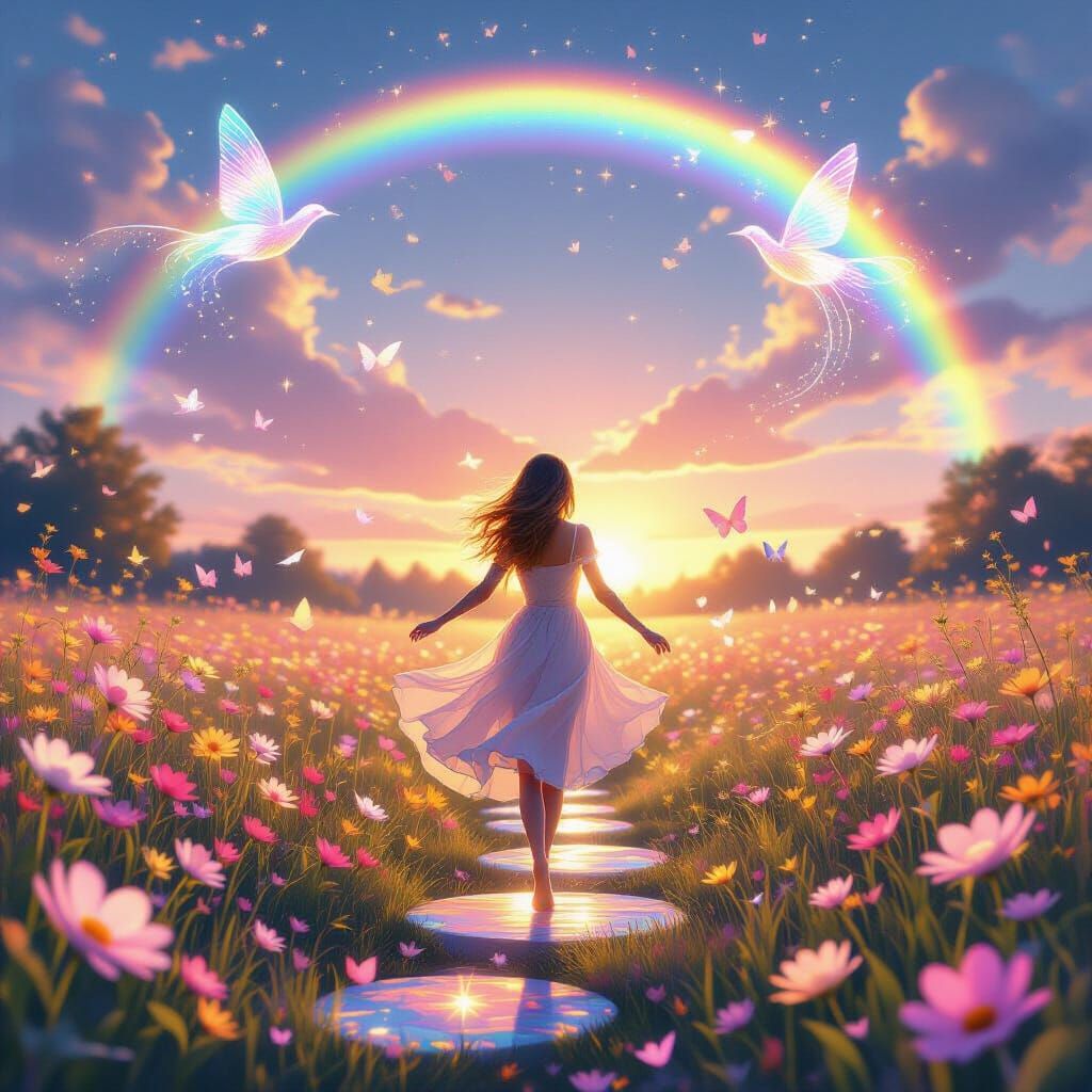 Dream Meadow Sunrise with Rainbow and Light Birds