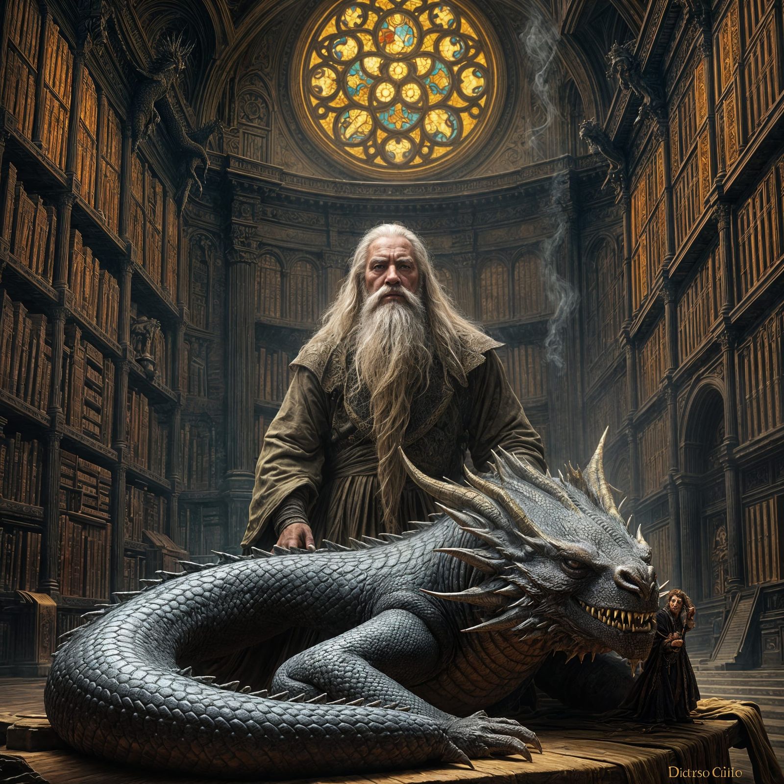 Mystic Wizard Stands Amidst Ancient Library and Sleeping Dra...