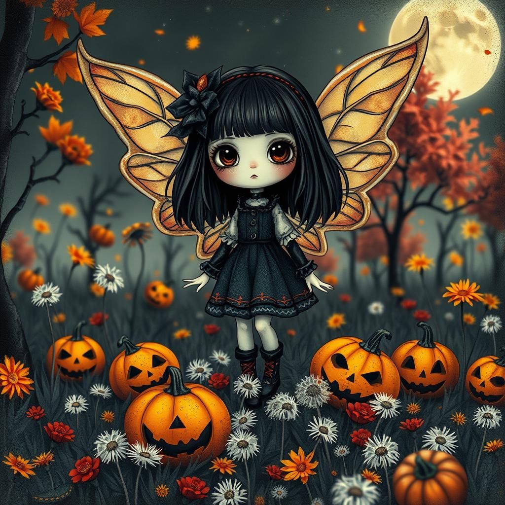 Chibi Goth Fairy in Surreal Autumn Landscape