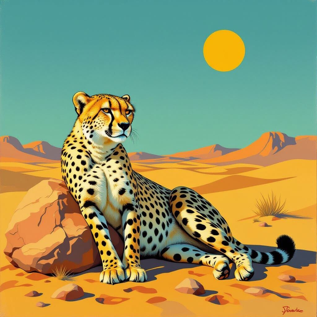 Tired Cheetah with Gold Spots in Surreal Desert Landscape