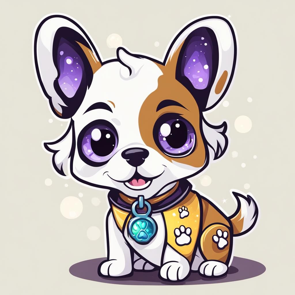Cute dog wearing a magic amulet in the shape of a paw print
