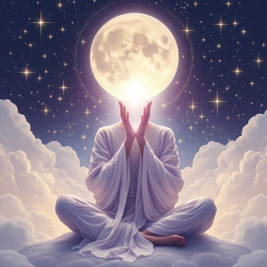 Meditating Woman in Starry Night, Art Nouveau Style