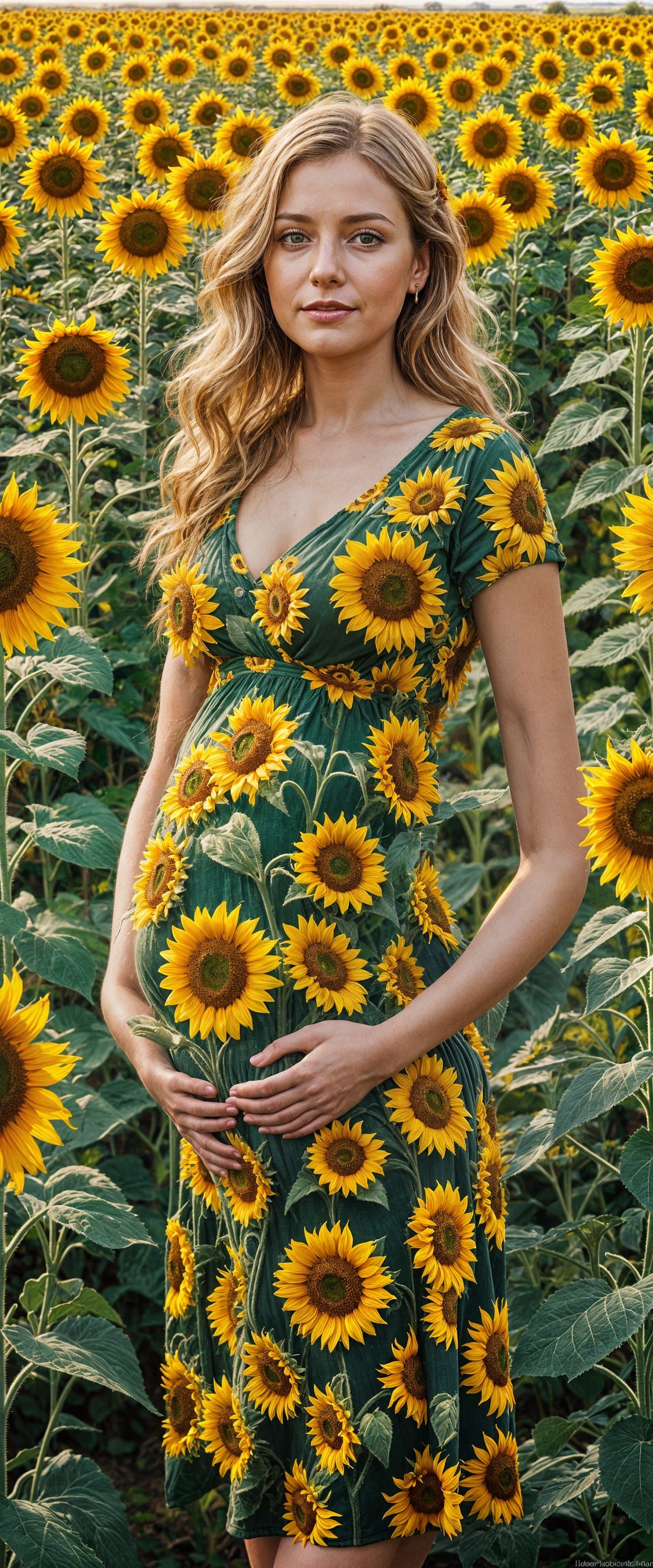 Realistic Pregnant Woman in Sunflower Field, Inspired by Luc...