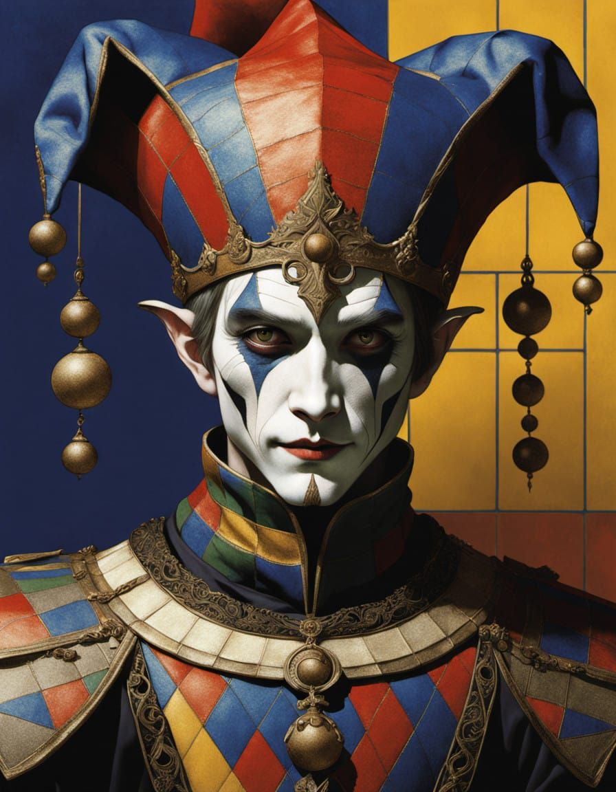 Vibrant Harlequin Jester in De Stijl Style