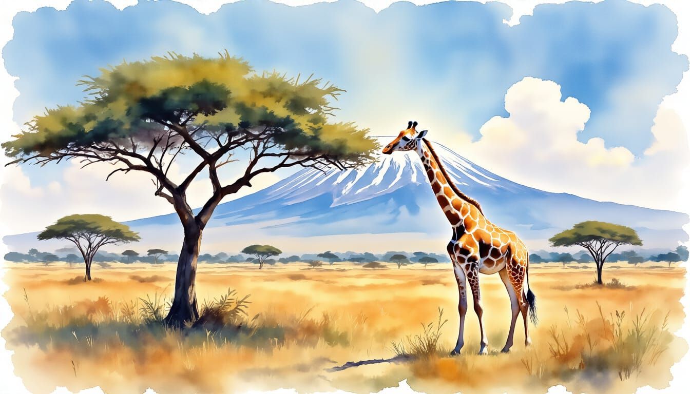 Lonely Giraffe Grazing on Savanna with Kilimanjaro