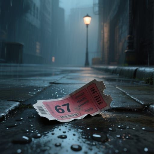 Abandoned Raffle Ticket Number 67 in Rain