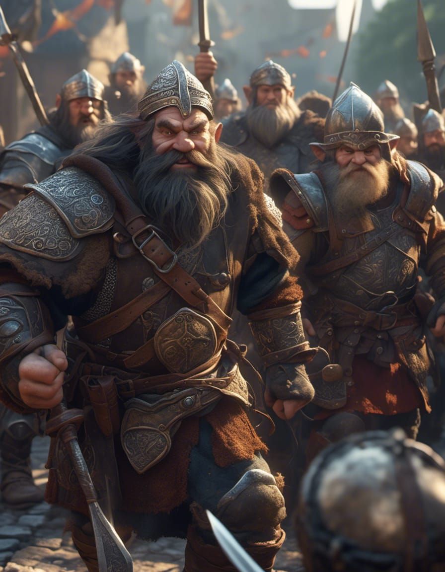 Dwarf Warriors Charge in Slanting Sunlight