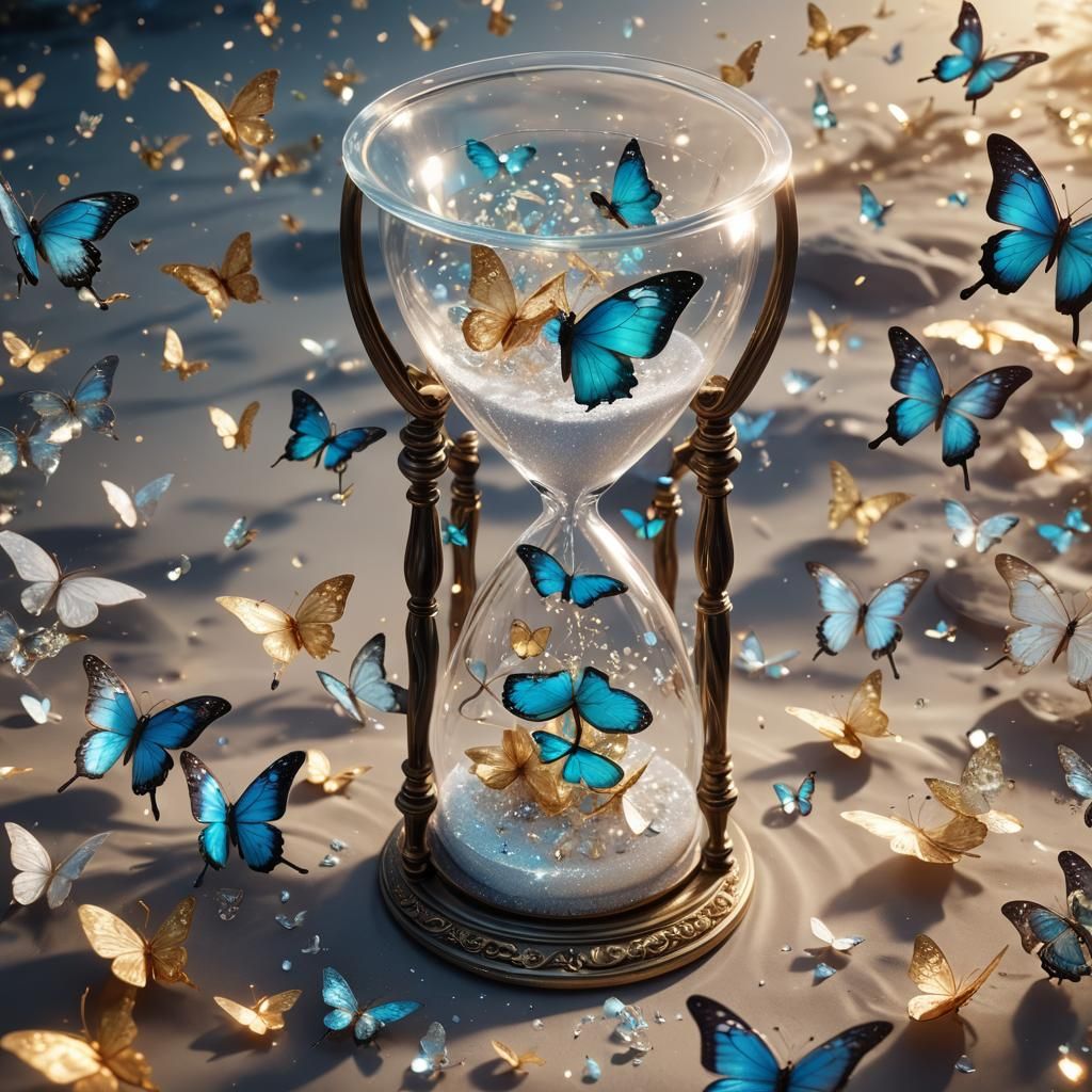 Iridescent Bioluminescent Hourglass with Butterflies