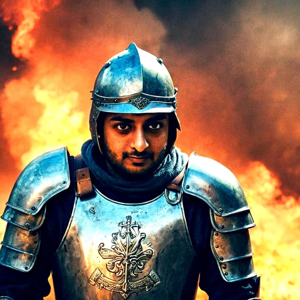 Medieval Knight Portrait in War Zone, Cinematic Film