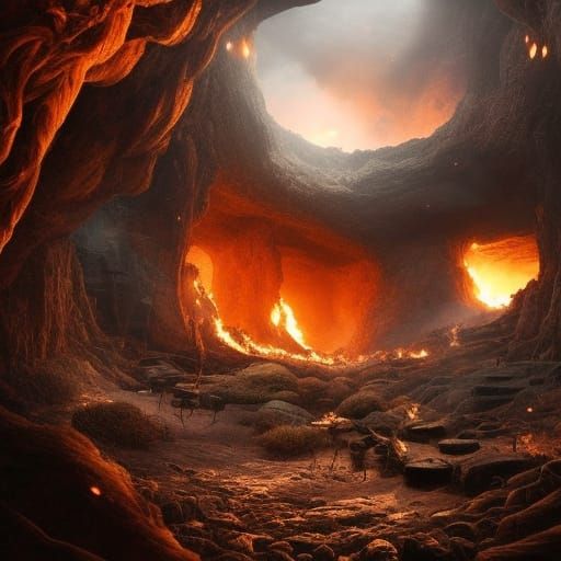 Epic Fire Cave Digital Matte Painting