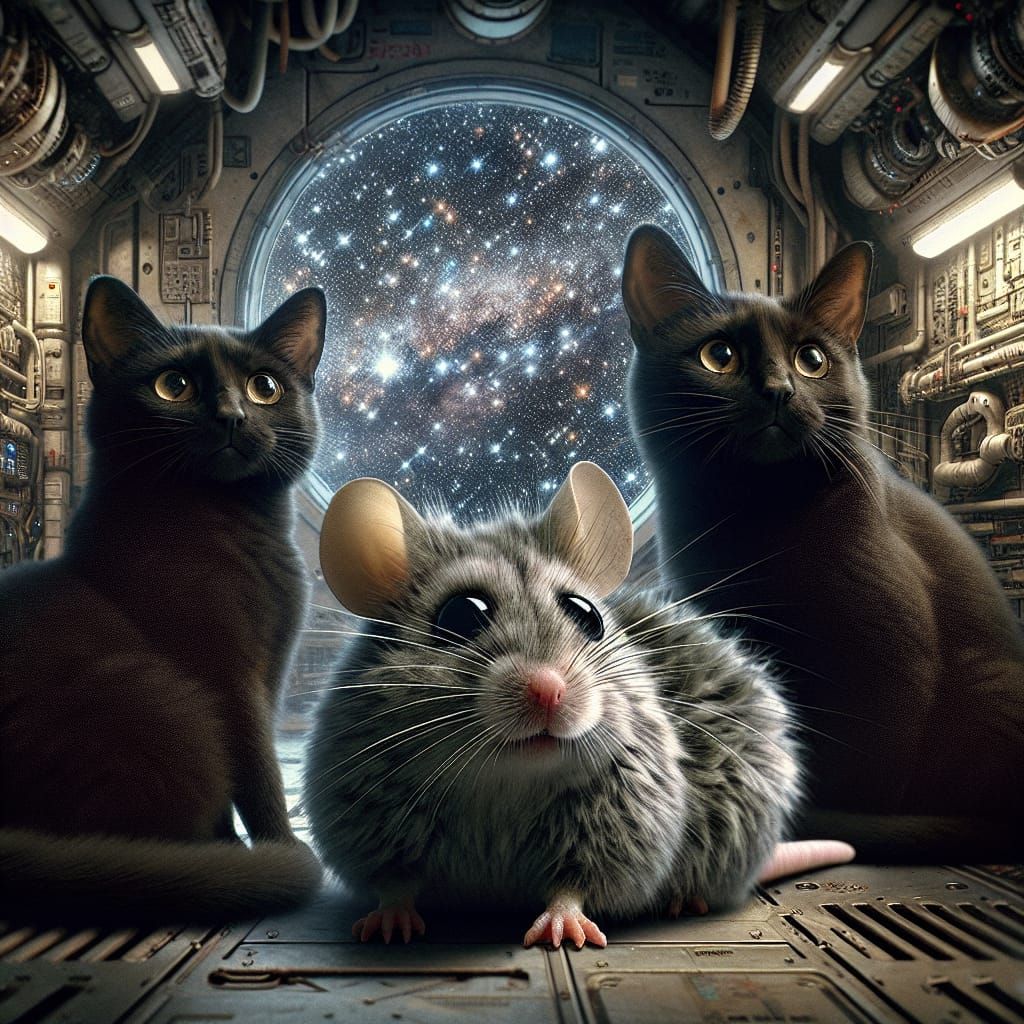 Whiskered Friends Gaze at Stellar Tapestry in Ruinous Space....