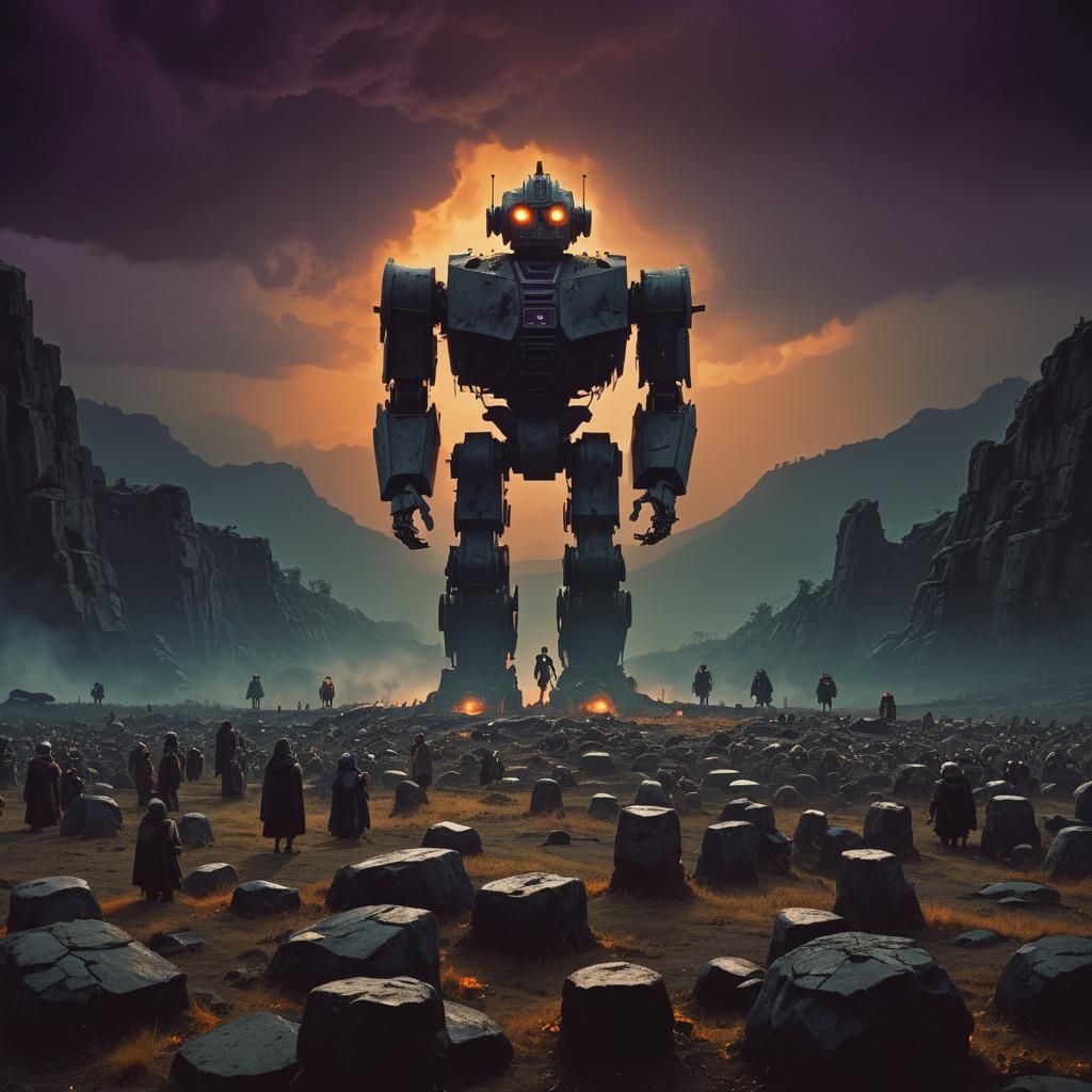 Ancient Robot Sentinel in Dark Fantasy Film Still