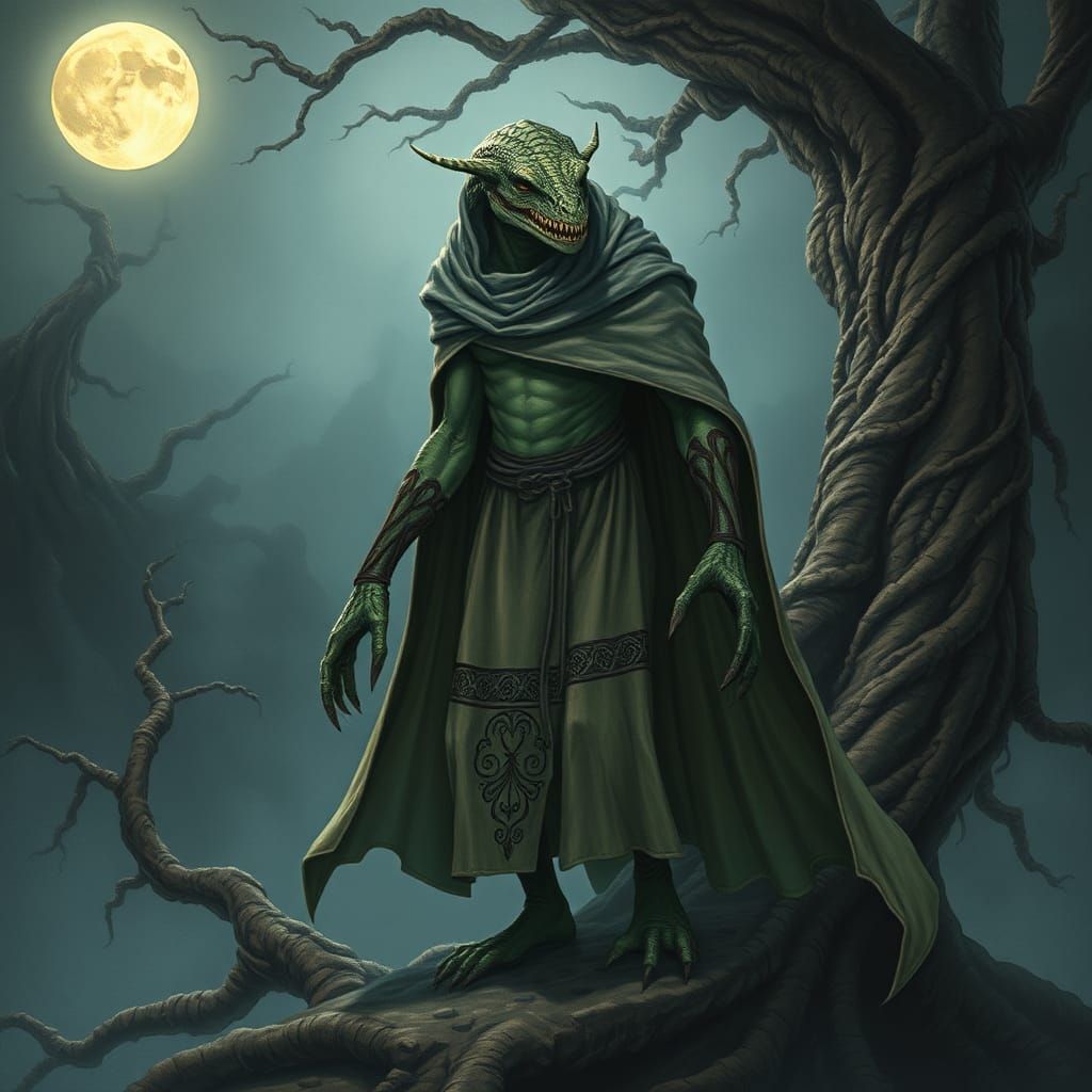 Mystical Reptilian Humanoid in Dreamlike Illustration