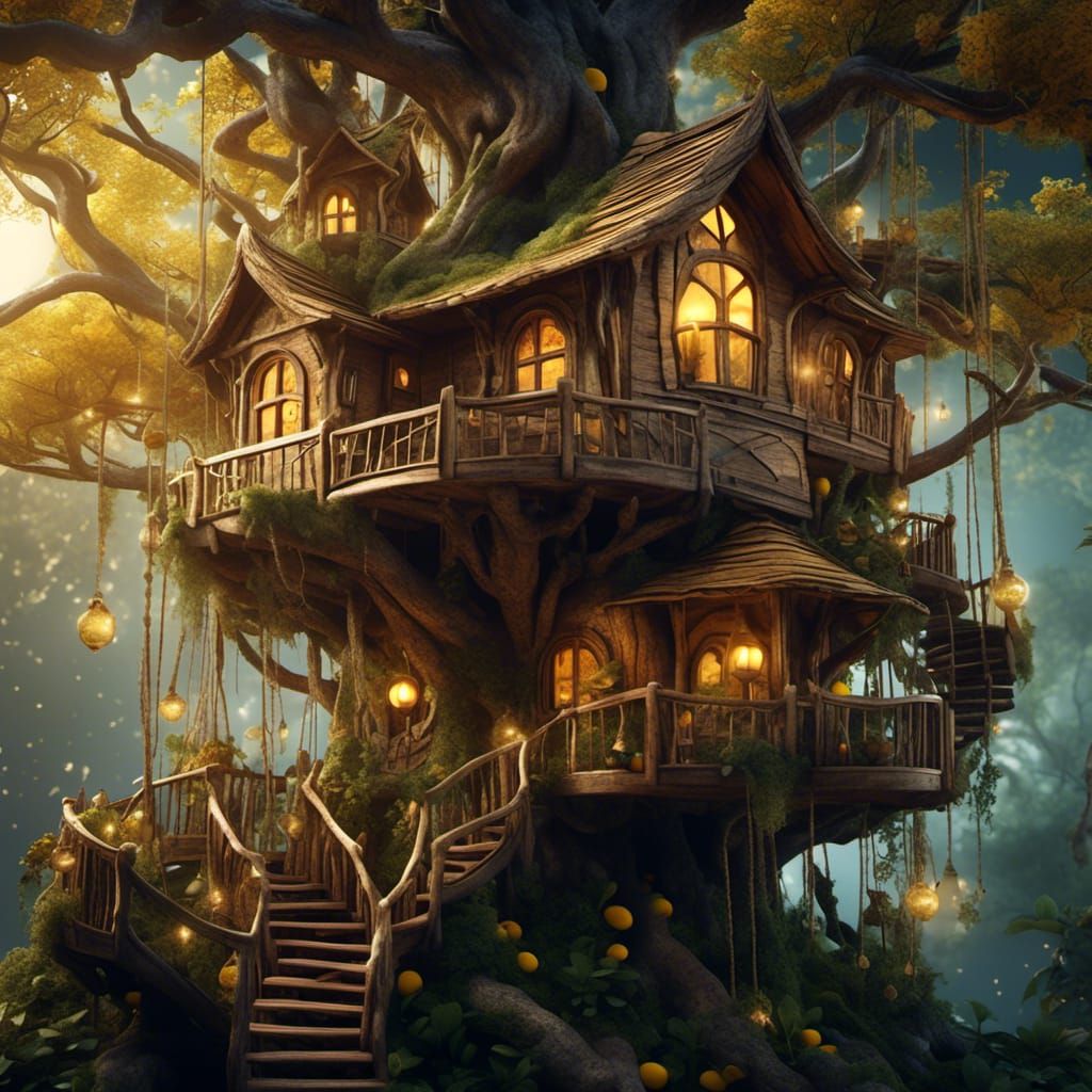 Hyperrealistic Treehouse in Canopy with Moonlit Elves