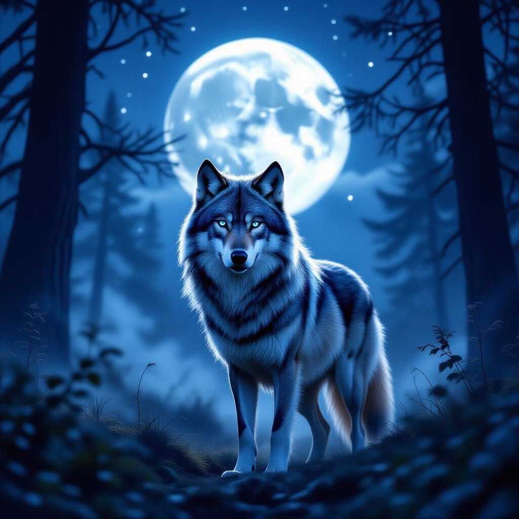 Silver Wolf in Moonlit Forest: Fantasy Art