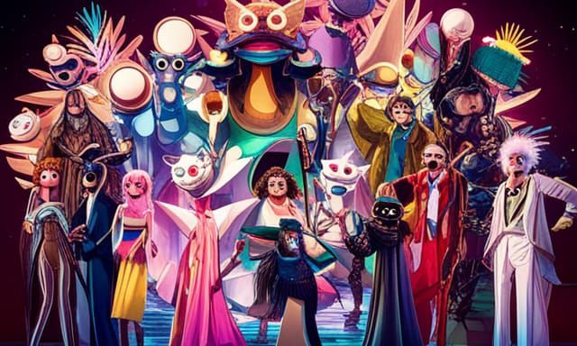 Masked Singers: Ghibli-Style Retrofuturistic Splash Art