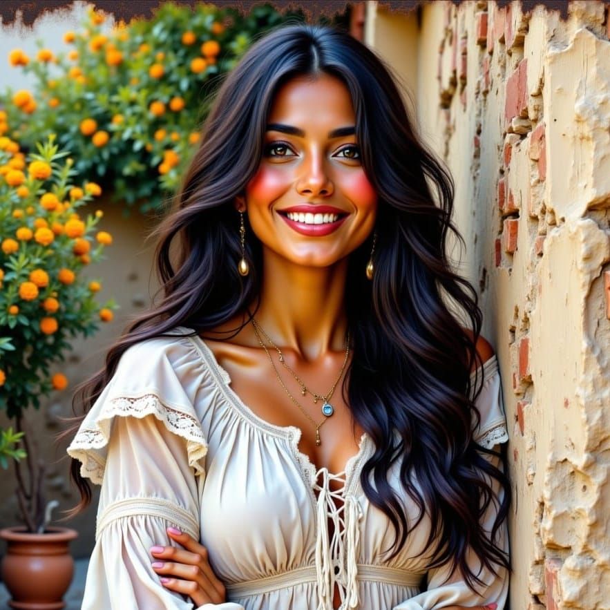 A Beautiful Senorita Smiles Amidst the Hacienda