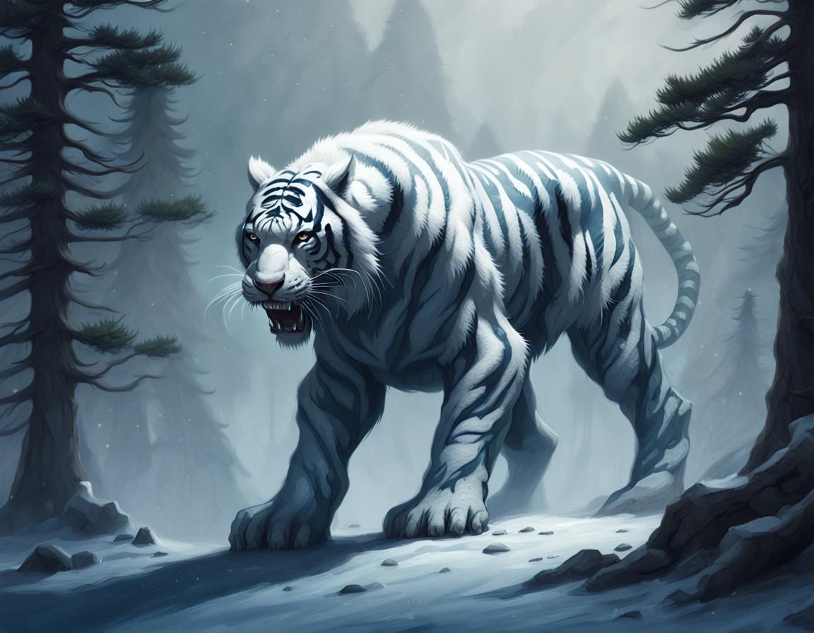Majestic White Tiger Creature Stands Amidst Dark Mystical La...