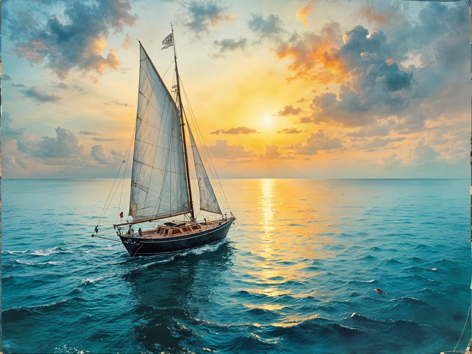 Antique Watercolor Boat at Dusk at Sea
