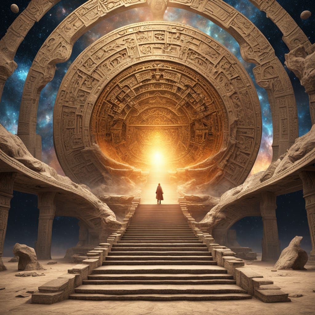 Ascending Figure on Cosmic Stairway in Ethereal Digital Art