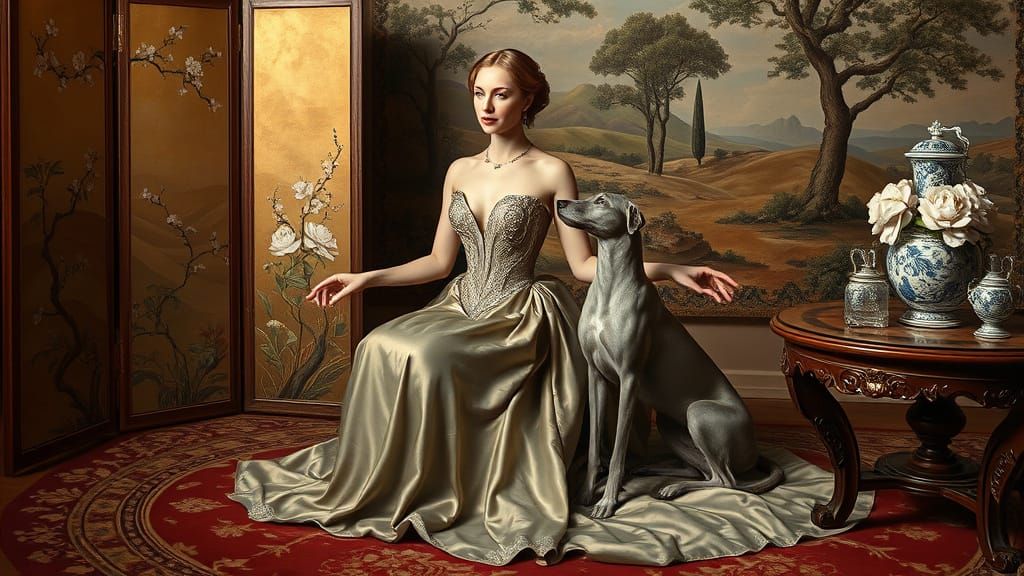 Woman in Luxurious Setting, Oil-on-Canvas Portrait