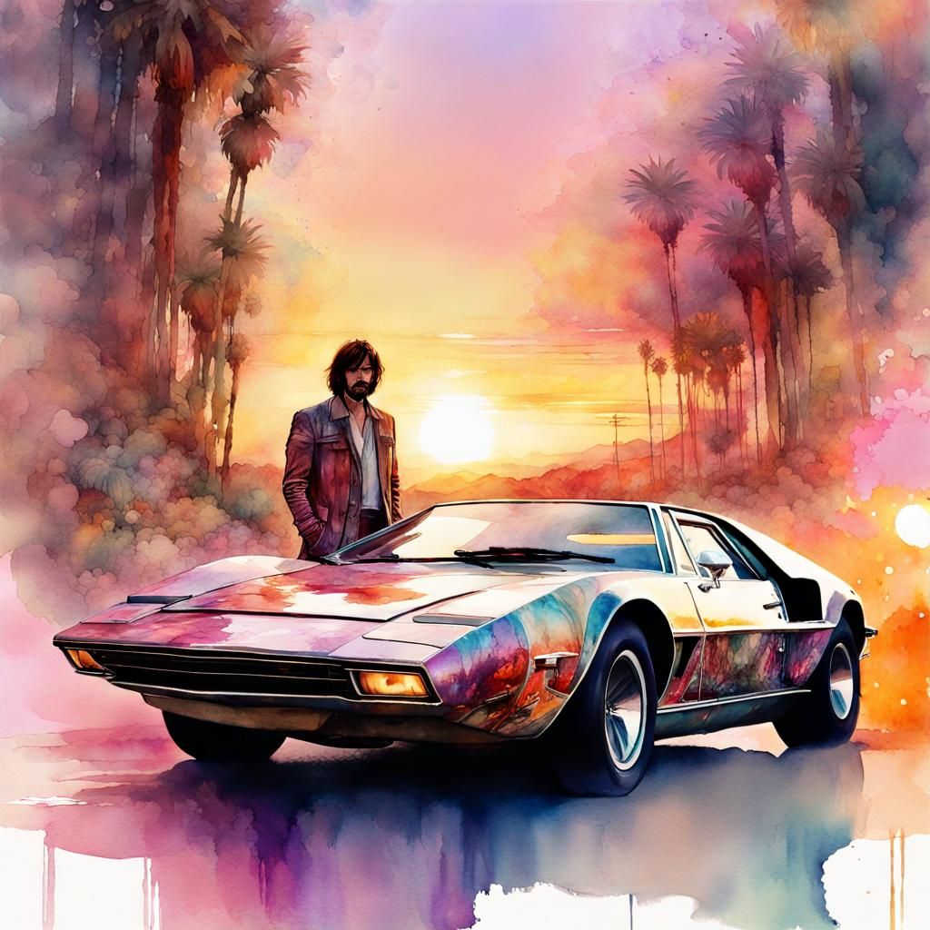 Supercar Sunset: 70s Style Digital Watercolor Poster
