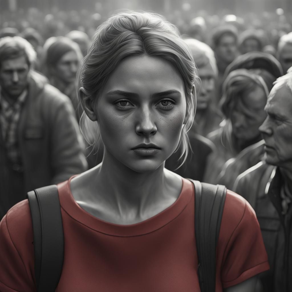 Sad Woman in Crowd: Hyperdetailed Art