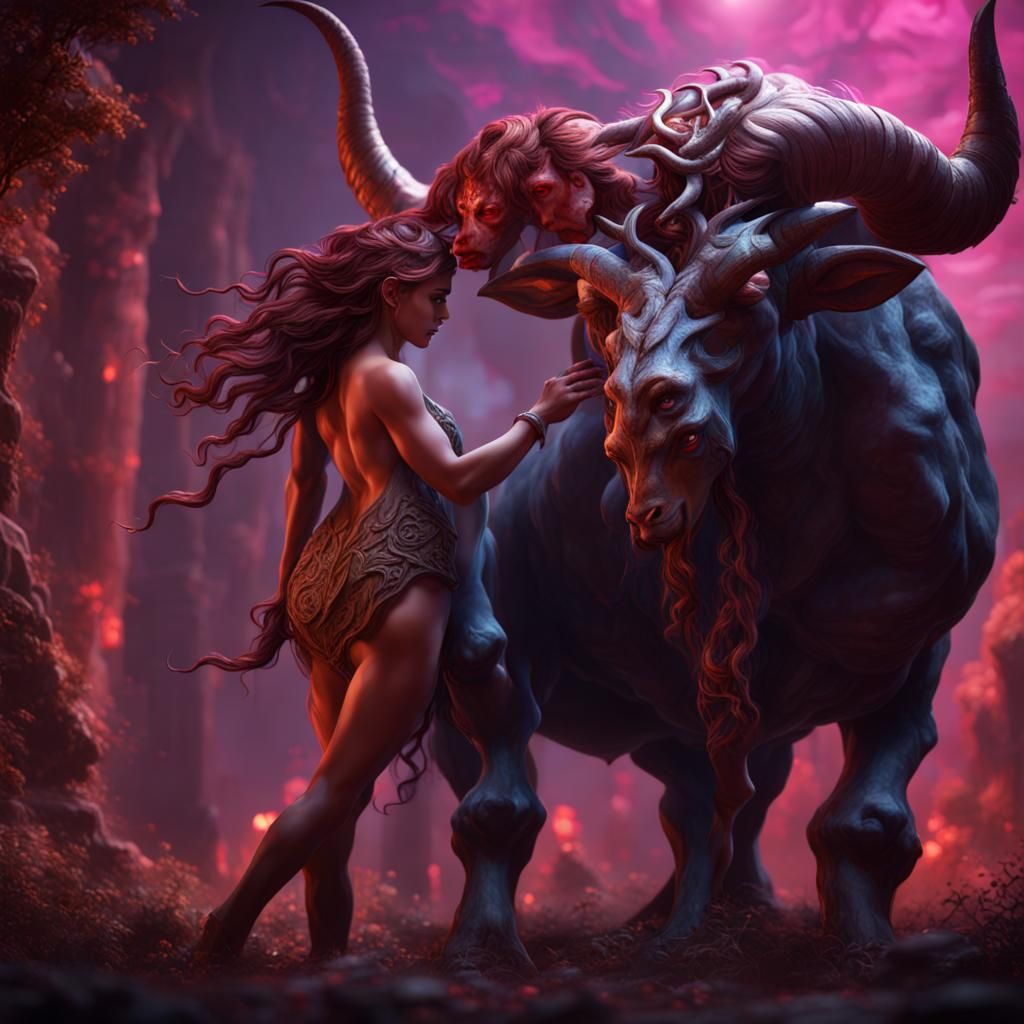 Medusa and Minotaur in Love: Fantasy Concept Art